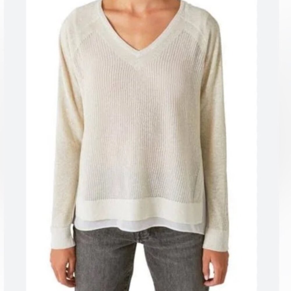 Lucky Brand Cream V-Neck Sweater with Layered Hem Medium